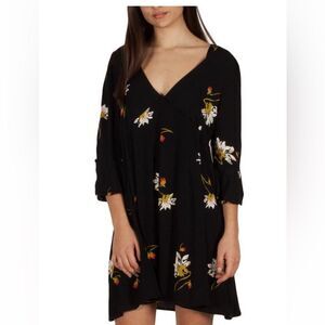 Free People Time on My Side Black Floral Bell Sleeve Boho Wrap Dress Size XS